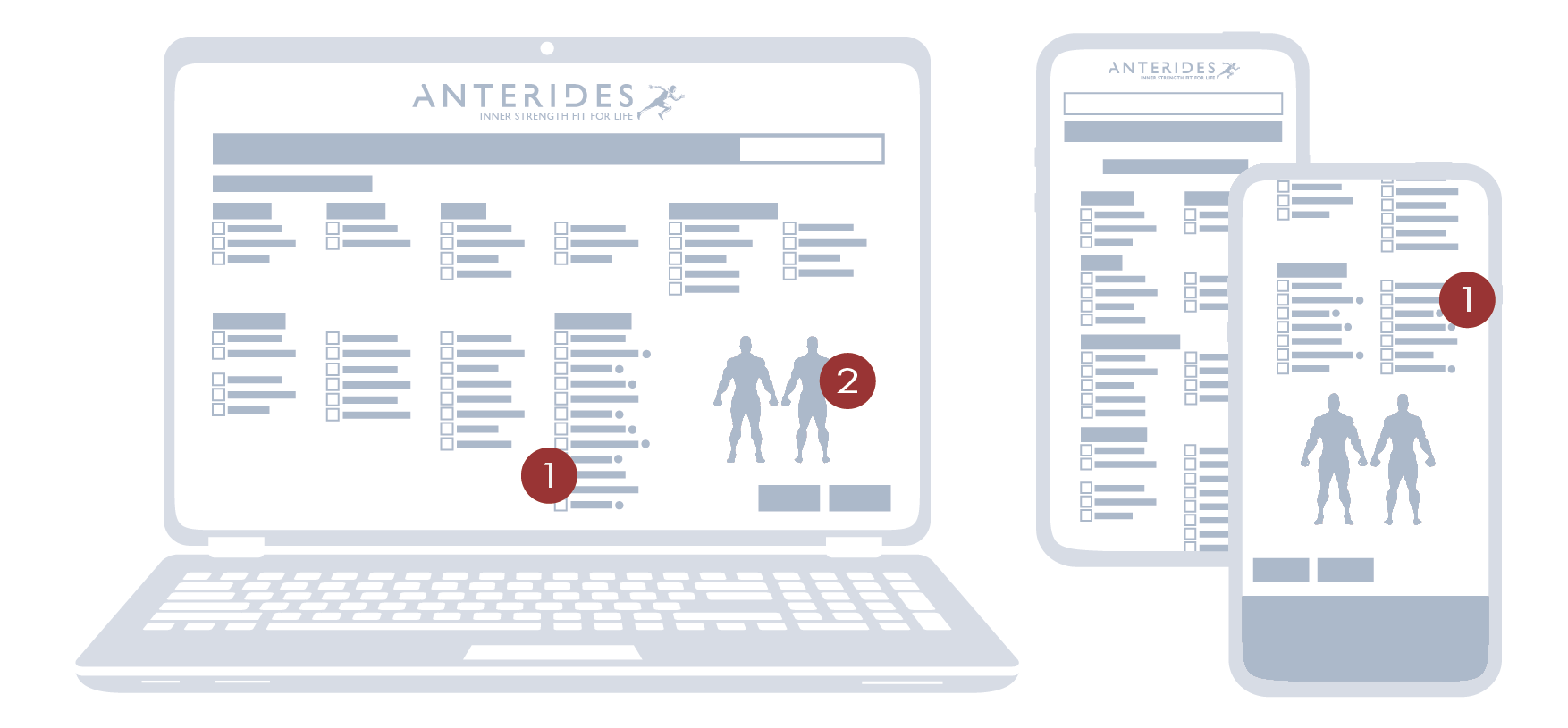 Web site and mobile view of Anterides Workout Builder Filter to specify workout parameters so relevant exercises can be suggested based on fitness ability, exercise goal, type of training, exercise equipment, and muscles to target