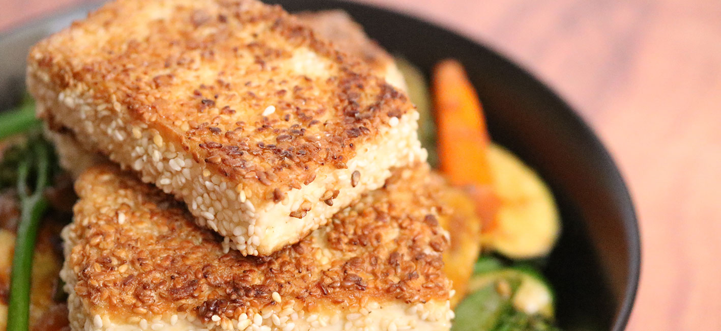 Sesame-Crusted Tofu on a Bed of Vegetable Stir-Fry